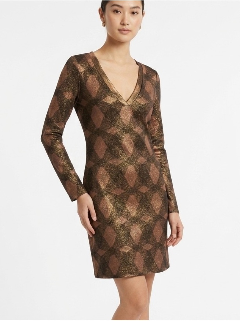 Elie Tahari Bronze & Gold Metallic V-Neck Long Sleeve Dress